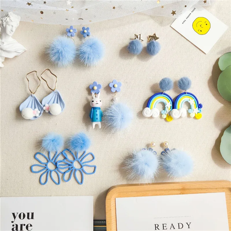 

Female Women Girl Dangle Drop Earrings Fall Winter Blue Korean Hair Fur Ball Flower Shell Fashion Jewelry Accessories-JQ-W12