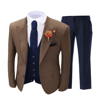

Brown Formal Men's Suits Regular Fit Plaid Wool Tweed Prom Tuxedos 3 Piece Solid Suit for Wedding Grooms (Blazer+Vest+Pants)
