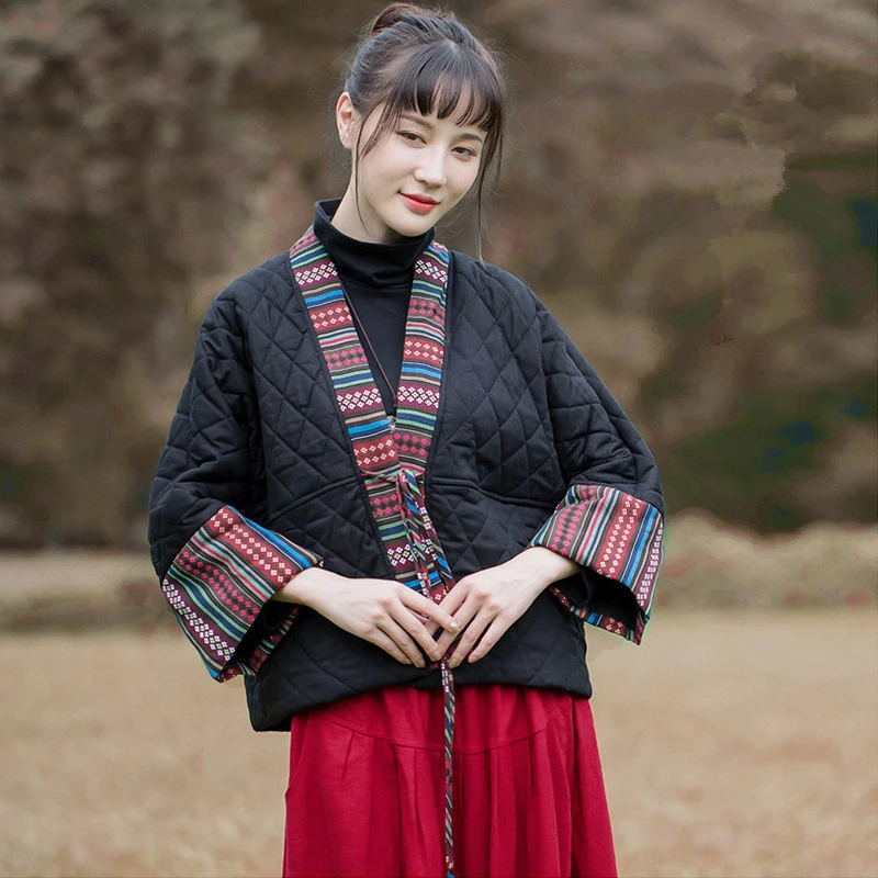 LZJN Новинка Осень Зима хлопок лен китайский стиль Hanfu Бандажное стеганое легкое лоскутное женское короткое пальто