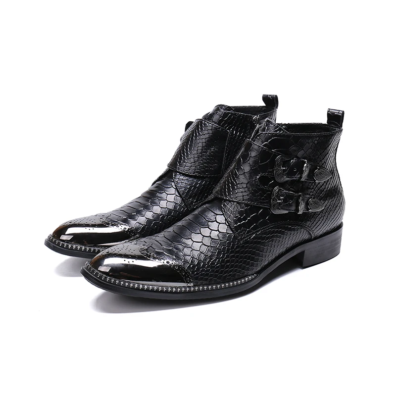 

British Botines hombre Black Gold Steel Toe Genuine Leather Military Boots Metal Decoration Ankle Cowboy Boots Formal Shoes Male