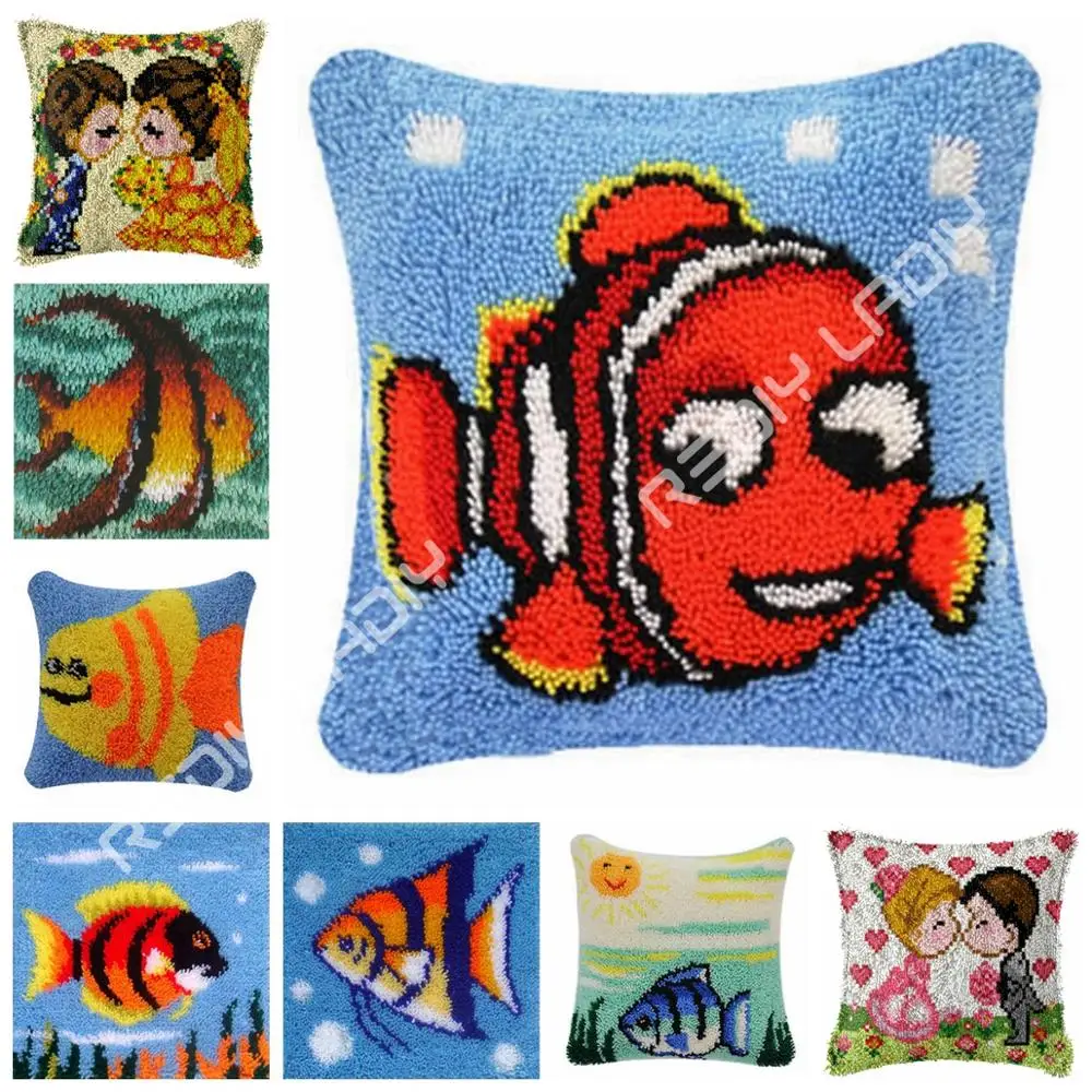 

Latch Hook Kits Cartoon Fish Cushion Cover Pre-Printed Canvas DIY Yarn Crocheting Crafts Pillow Case Sofa Bed Pillows Home Decor