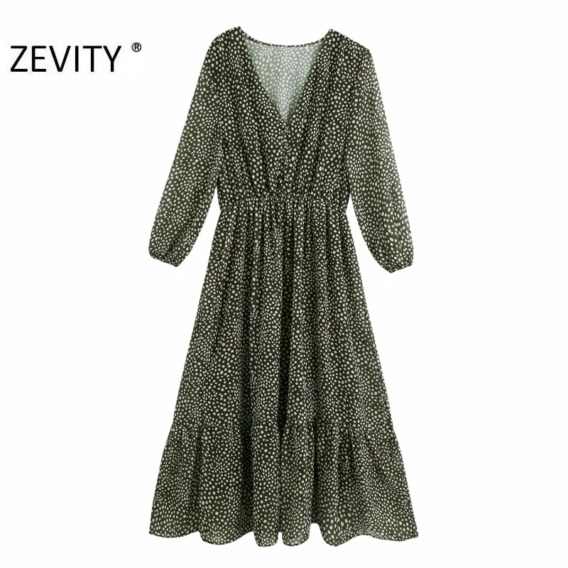 ZEVITY Women vintage v neck polka dots print casual chiffon midi Dress female three quarter sleeve Vestidos Chic Dresses DS4357 ZEVITY Women vintage v neck polka dots print casual chiffon midi Dress female three quarter sleeve Vestidos Chic Dresses DS4357