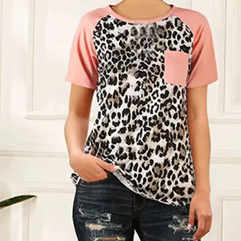 

Summer New Women Short Sleeves Round Collar T-Shirts Casual Loose Leopard Print Tops with Pocket w1