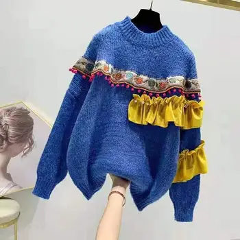 

2019 Women Autumn Winter Loose Round Sweater Patchwork Beading Pullovers Casual Twist Knit Turtleneck Top