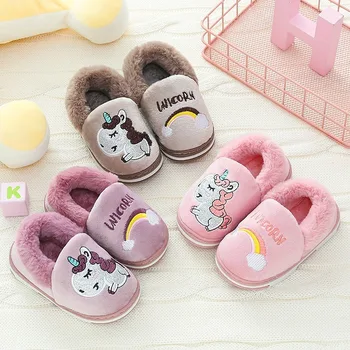 

New Winter Unicorn Children Slippers For Toddler Boys Indoor Shoes Baby Girl Fur Slides Cotton Flip Flop Warm House Kids Slipper