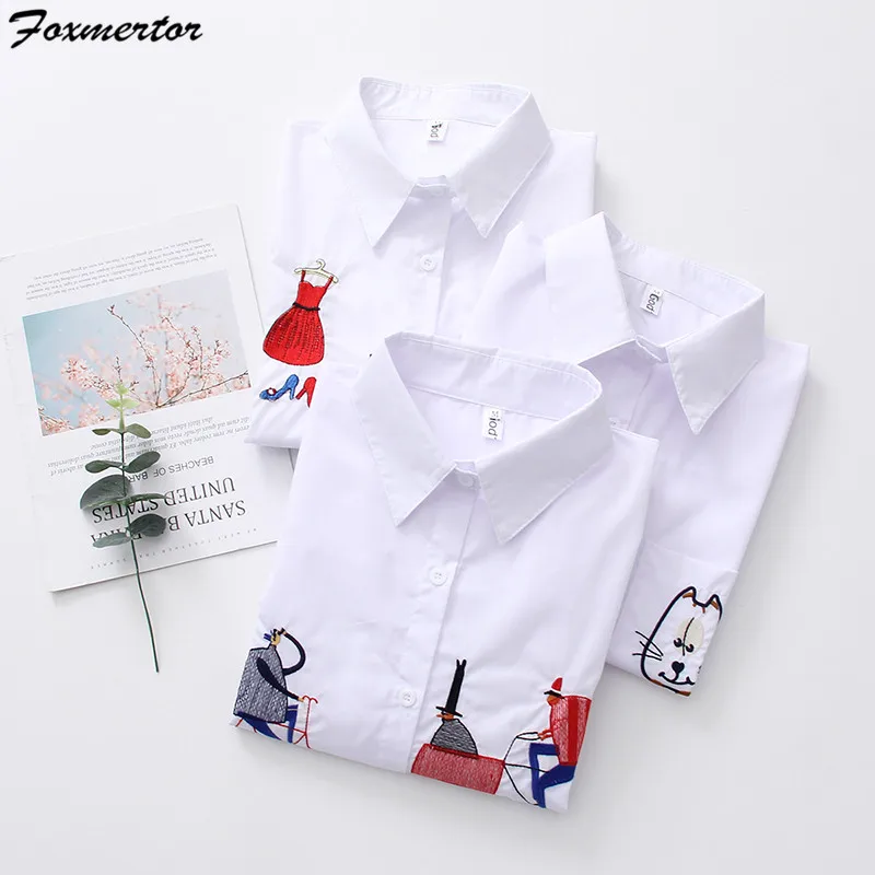 Cute Cartoon Embroidered White Shirt Autumn Women Blouse Embroidered Women Blouses Tops Loose Long Sleeve Shirt Blusas