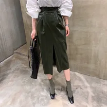 Модные обтягивающие, с эластичным поясом из искусственной кожи Для женщин юбка Уличная Высокая талия с рюшами женские туфли для повседневной носки из искусственной юбки юбка-карандаш средней длины