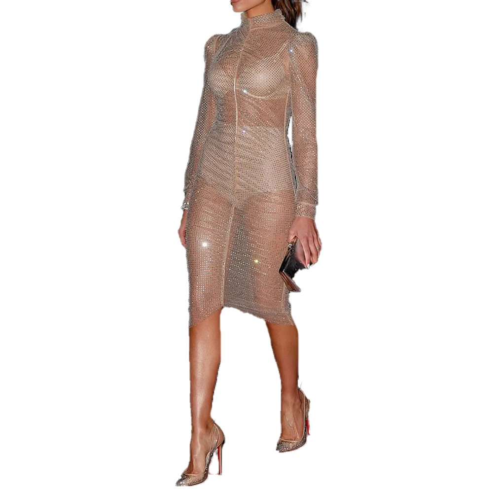 

Hirigin Elegant Women Mesh Long Sleeve Glitter Dress Ladies Turtleneck Cocktail Party Cover Up See Through Vestidos
