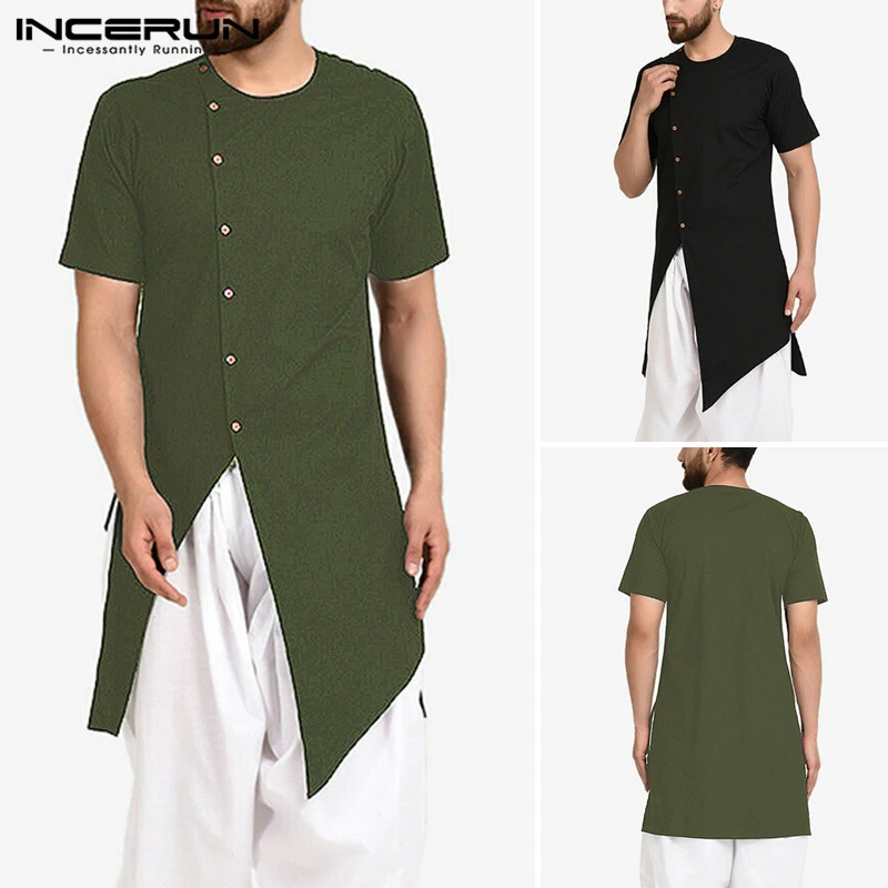 INCERUN larga de manga corta con cuello redondo para hombre, batas musulmanas, Irregular, botones Vintage, bata de Abaya de Dubái, S 5XL|Camisas informales| - AliExpress