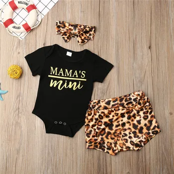 

Newborn Kids Baby Girls Boys Clothes letter print short sleeve round neck Bodysuit leopard print shorts Bow Headband 3pc Outfits