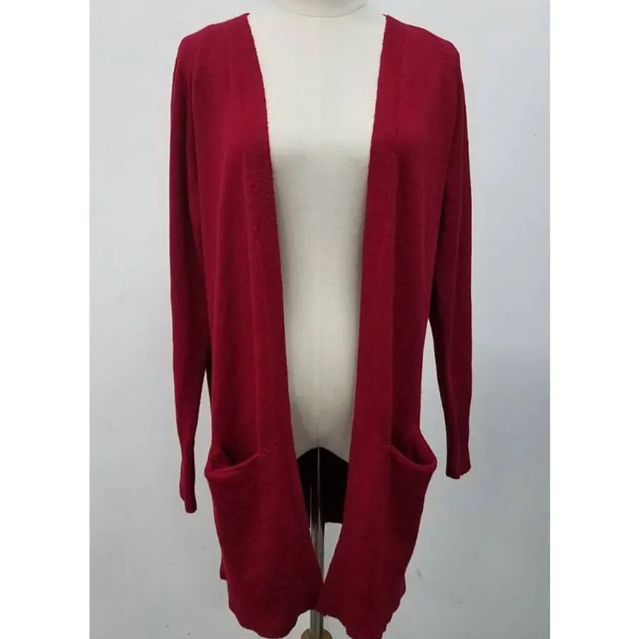 Women's sweater long solid color large pocket knit cardigan sweater - Цвет: red