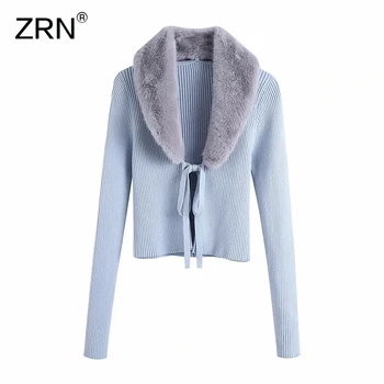 

ZRN 2020 Autumn Women Fashion Vintage Faux Fur V Neck Patchwork Cardigan Sweater Lace-up Knittwear Female Long Sleeve Slim Tops