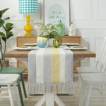 

Modern blue striped cotton and linen simplicity table runner high quality dining table TV cabinet table flag elegant bed flag