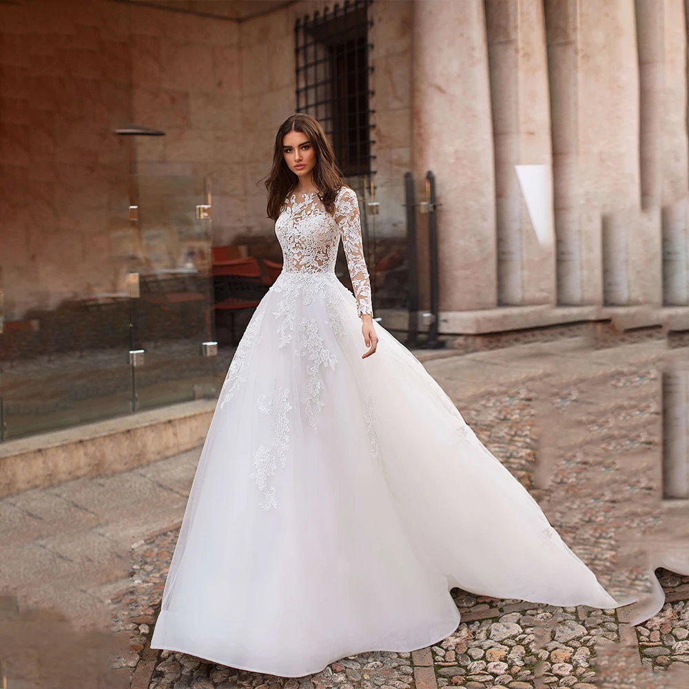 Attractive Tulle Jewel Neckline See-through Bodice A-line Wedding Dress With Lace Appliques & Beadings Long Sleeves Bridal Grown