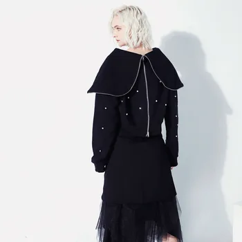 

2020 New Spring Lapel Long Sleeve Black Loose Diamonded Split Joint 2 Ways Wear Sweatshirt Women Fashion