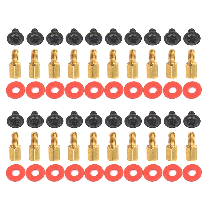 Set of 20 Golden Motherboard Risers with Screws, Red Washers, and Gaskets (6.5mm, 6-32-M3) Description Image.This Product Can Be Found With The Tag Names Computer motherboard hardware, Computer motherboard riser screws washers, Red washers screws motherboard, Us pc hardwares