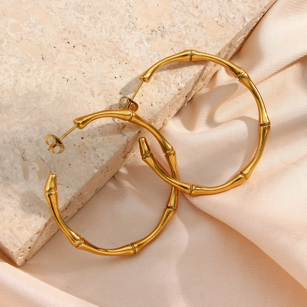 

2022 New Minimalist Basic Thin Bamboo Large Gold Hoop Earrings For Women Stainless Steel Gold Plated Waterproof Female Big Hoops