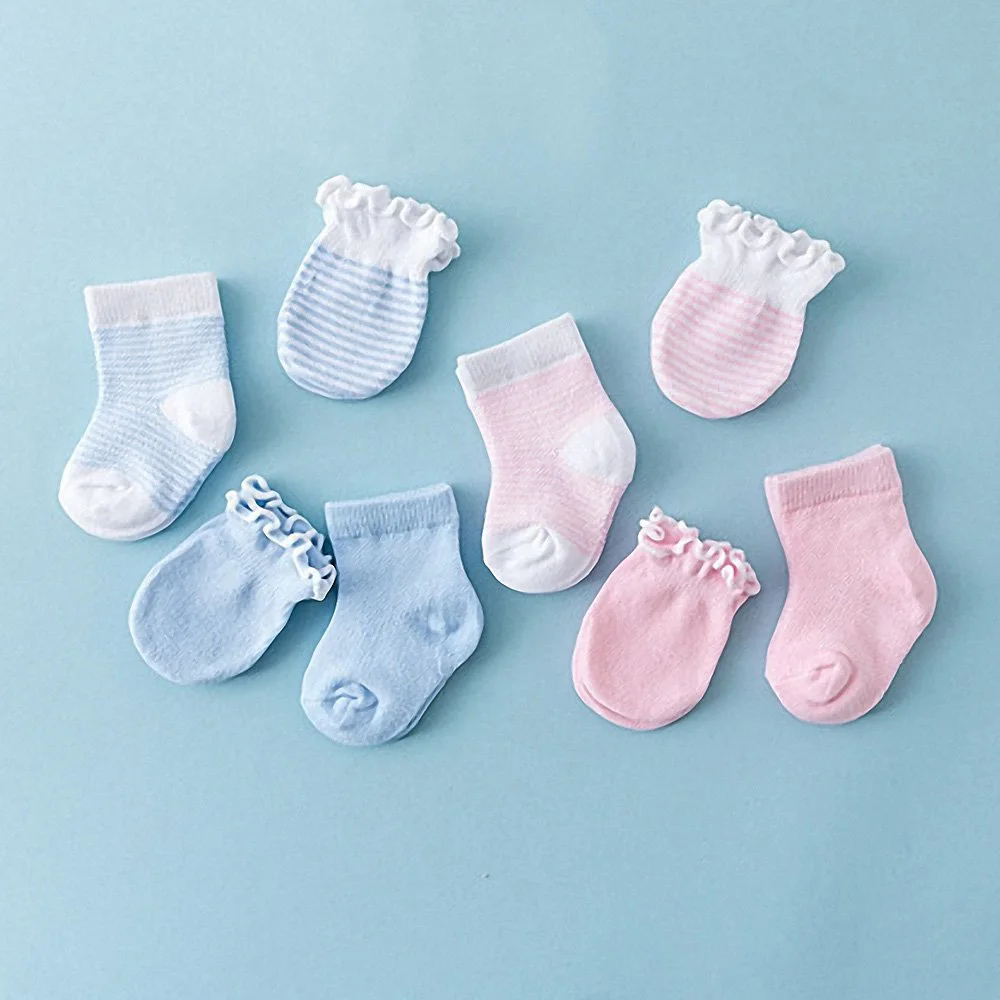 4 пары перчаток для новорожденных; комплекты носков; Защитные рукавицы для новорожденных; хлопковые дышащие эластичные перчатки в полоску с защитой от царапин