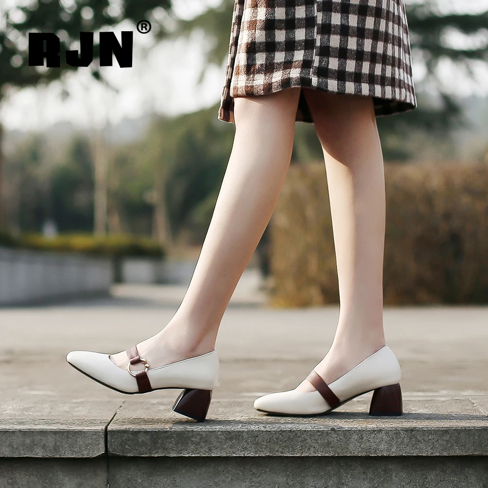 RJN Elegant Square Toe Pumps Matel Decoration Square Wood Grain Heel Shallow Well Shoes Genuine Leather Slip-On Women Pumps RO15
