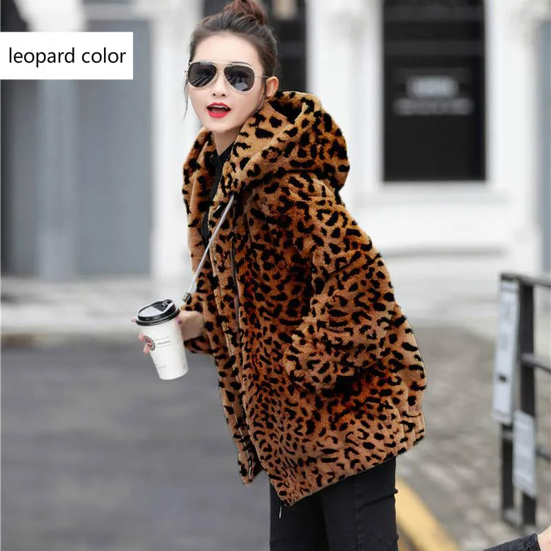 Leopard color Новое пальто из искусственного меха с капюшоном, высокая талия, Модная приталенная черная, красная, розовая куртка из искусственного меха, искусственный мех кролика - Цвет: Leopard color