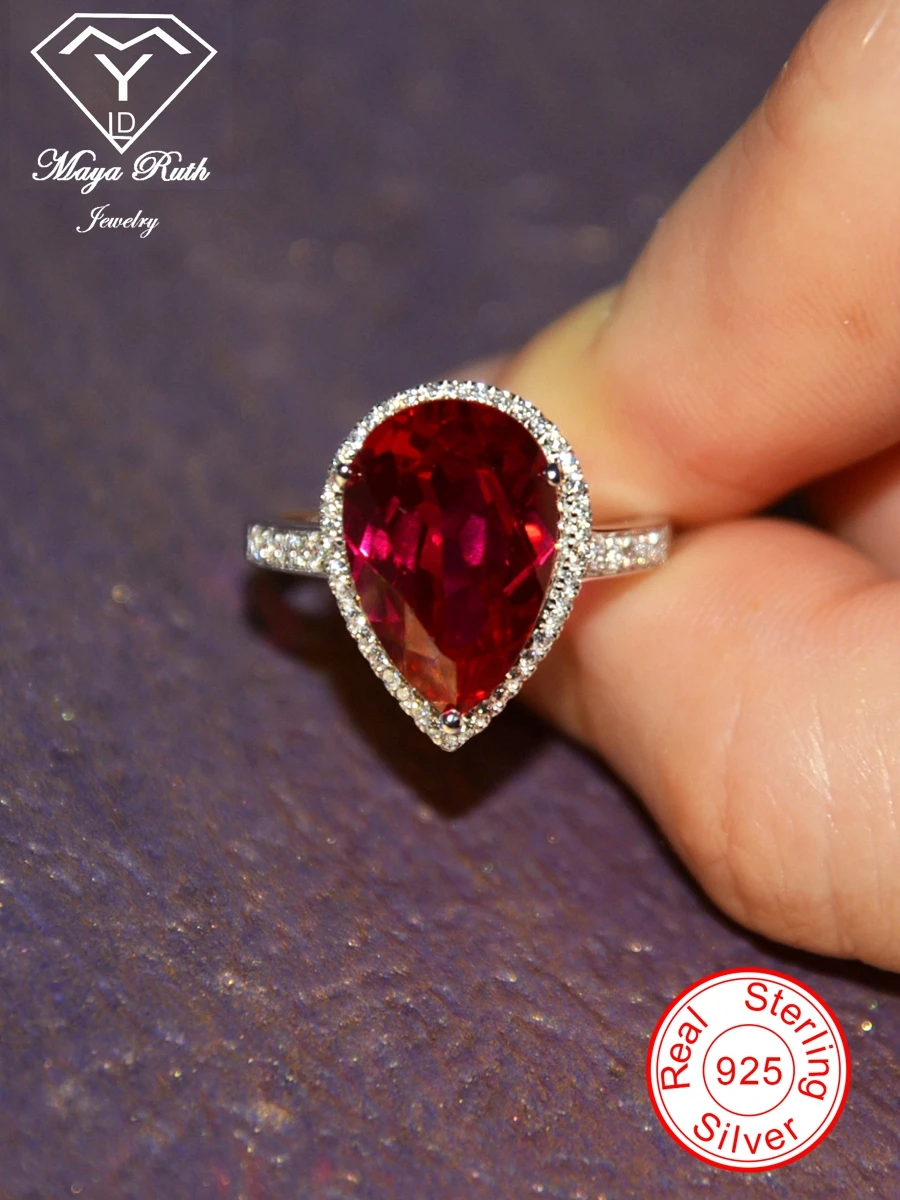 MayaRuth Sterling Silver Cocktail Ring - Created Ruby Red Gemstone With CZ Accents (Oval Shape, Vintage Style)