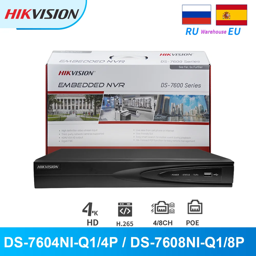 Hikvision PoE 4K NVR DS-7604NI-Q1/4P DS-7608NI-Q1/8P 4/8CH 8MP 1 SATA For IP Camera CCTV Security Network Video Recorder H.265+ |