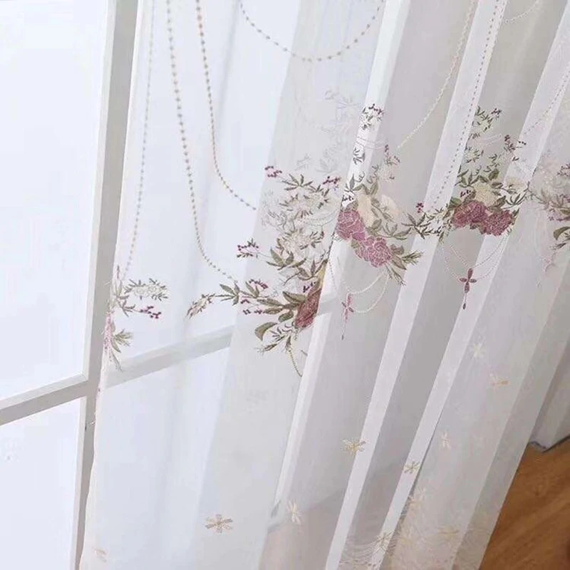 Pastoral Luxury Lace Blue Embroidered Curtains Sheer For Living Room Pink Romantic Princess Window Screen Kitchen Tulle Drapes