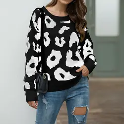 Осенний Европейский Американский новый Леопардовый женский свитер с длинными рукавами круглый вырез Свободный пуловер свитер