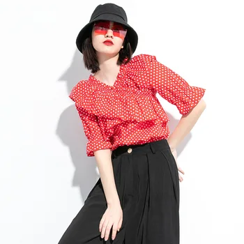 

Ruffles Point Printing Pullover T-shirt 2020 Summer Clothes Irregular Tops And Tees For Women Two Colors Half Sleeves