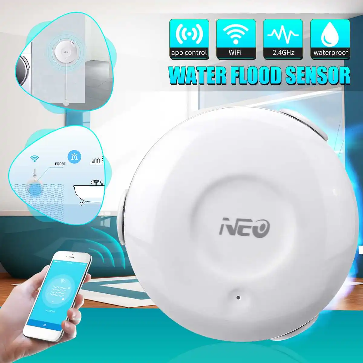 

2.4Ghz NEO Smart WiFi Flood Sensor Alarm Water Leakage Indoor Overflow Detector Wireless Sensor APP Control Waterproof White