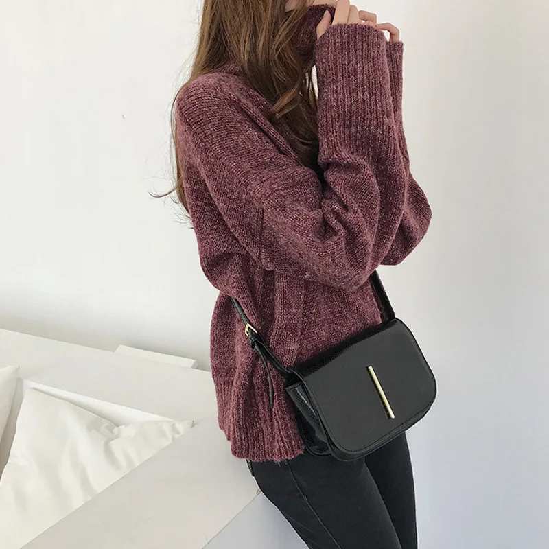 Burgundy Neploe корейский новости Твердые поло воротник толстые пуловеры свободный тонкий дикий вязаный свитер Простой Pull Femme Hiver 45676 - Цвет: Burgundy