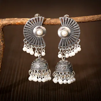 

Retro Silver Color Sector Jhumka Earrings For Women Boho Gypsy Pearl Tassel Indian Drop Earrings Orecchini Jewelry