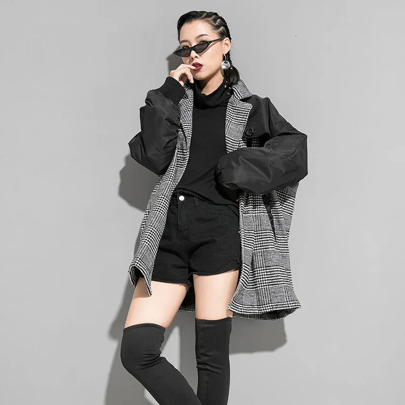 incredible  [EAM] Loose Fit Black Plaid Double Breasted Big Size Jacket New Lapel Long Sleeve Women Coat Fashio