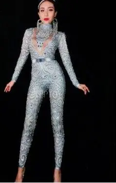 gray Jumpsuit Женское сексуальное сценическое блестящее Золотое платье со стразами и жемчугом, вечерние платья для танцев, женское платье певицы, костюм на день рождения, празднование - Цвет: gray Jumpsuit