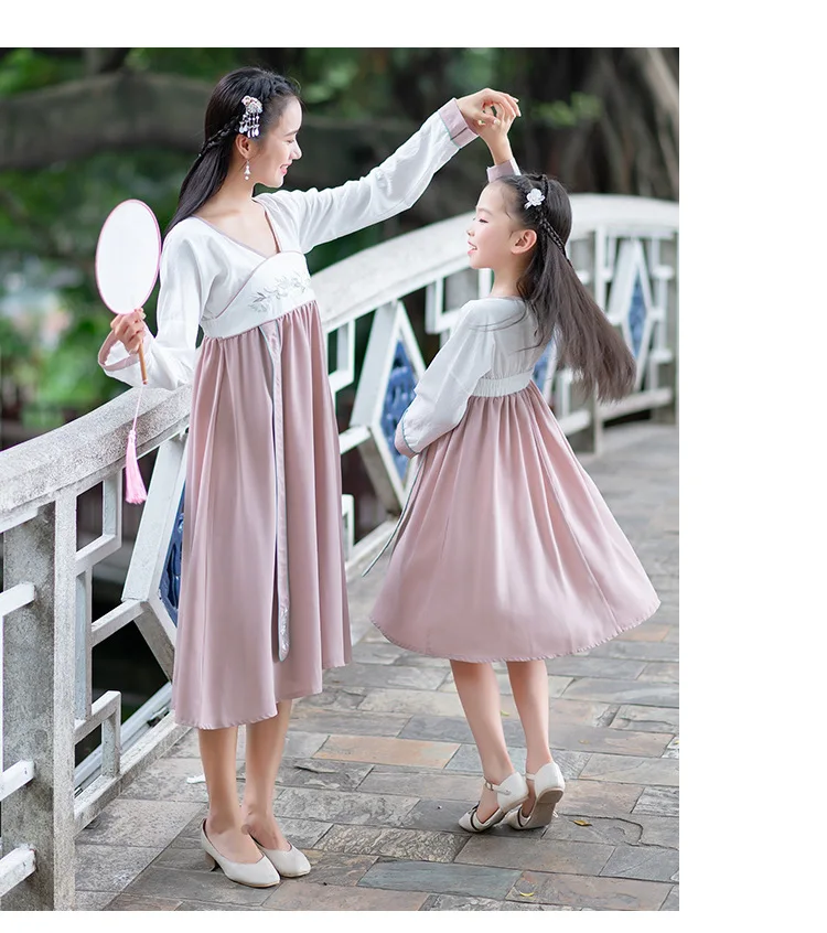 Hanfu/Элегантные вечерние платья для мамы и дочки; сезон весна-лето; платье для мамы и дочки; одежда для родителей и детей; Семейные комплекты; пижамы
