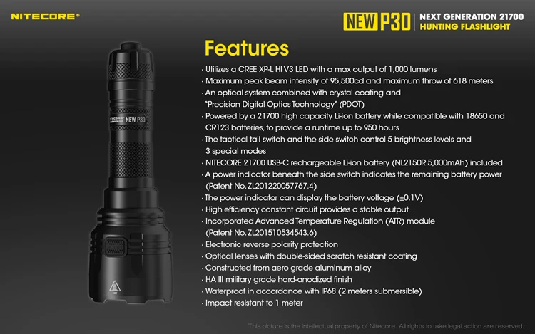 Nitecore P30 прожектор 1000LMs CREE XP-L HI V3 светодиодный фонарик CR123 18650 водонепроницаемый фонарь для охоты из алюминиевого сплава