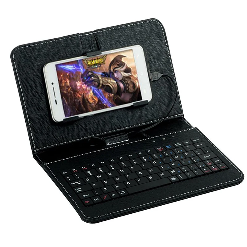 Portable PU Leather Wired Keyboard for Protective Mobile Phone Case with Keyboard for Redmi Huawei Smartphone Samsung Cover afbeelding