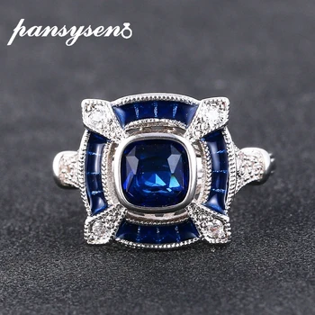 

PANSYSEN Vintage Created Sapphire Zircon Ring Real 925 Sterling Silver Fine Jewelry Blue Gemstone Rings for Women Drop Shipping