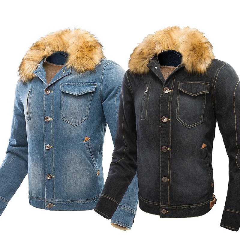 

Fashion Winter Jacket Men Large Size S-6XL Inner Velvet Thick Denim Coats Bomber Jacket Fur Collar Outwear Casual Warm Parka Men