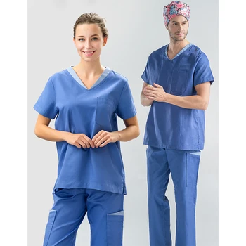 

Physician Scrub Uniform Medical Work Suit Scrub Sets V Neck 100% Cotton Top and Pant Hospital Workwear Doctor Work Uniforms
