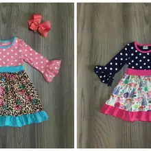 Осенне-зимняя детская одежда для маленьких девочек Хлопковое платье с цветочным принтом и оборками в виде единорога, темно-синее платье с цветочным рисунком эксклюзивные аксессуары до колена