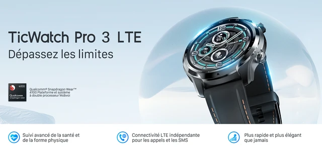 Ticwatch Pro 3 LTE Montre connectée, Wear OS by Google, Qualcomm Snapdragon  Wear 4100 Plateforme, suivi du sommeil de la fréquence cardiaque et NFC,  IP68, longue durée de vie de la batterie 