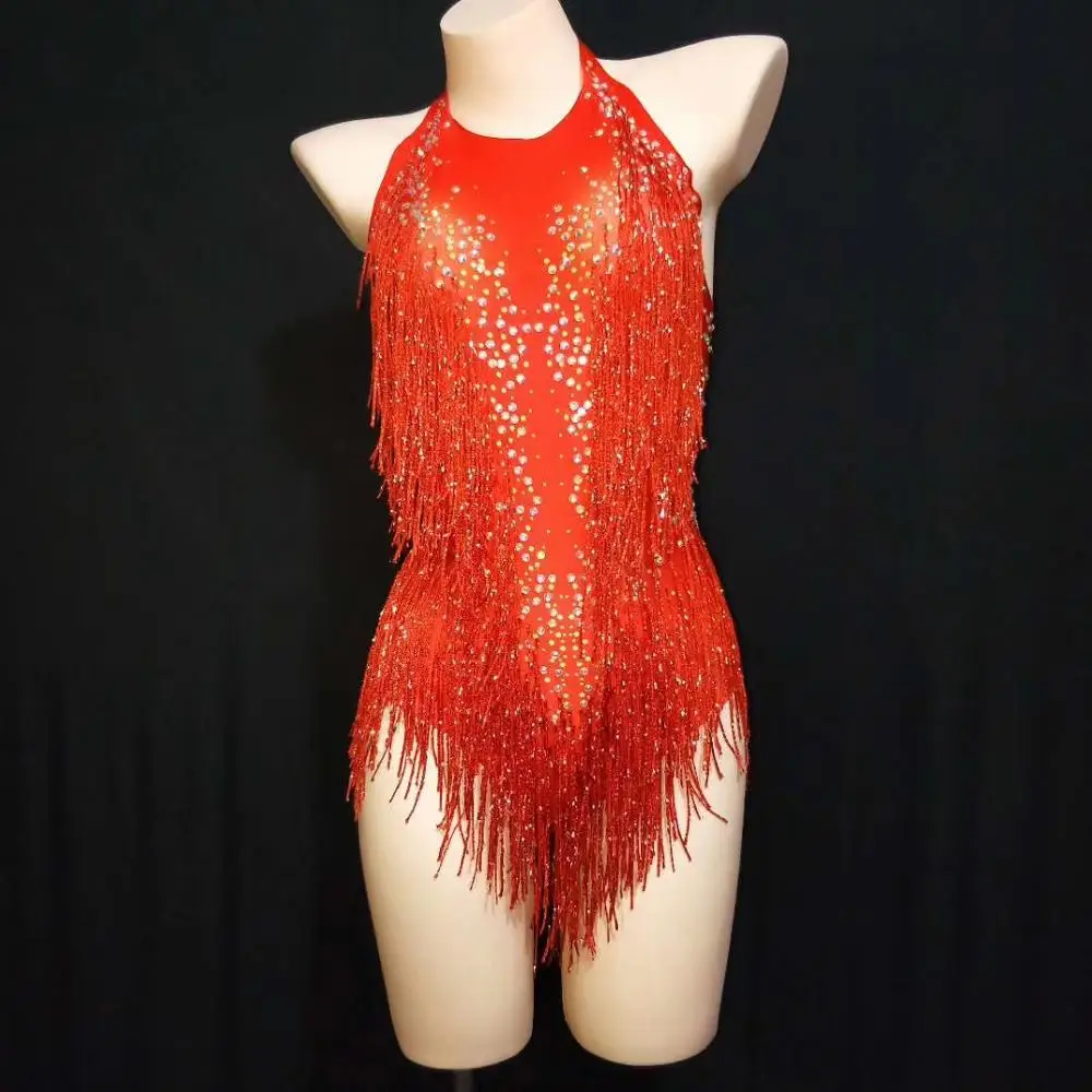 lace bodysuit Women Gold Rhinestone Tassel Latin Dance Bodysuits Sexy Nightclub DJ Pole Dance Leotard Carnival Party Stage Performance Outfits bodysuit top Bodysuits