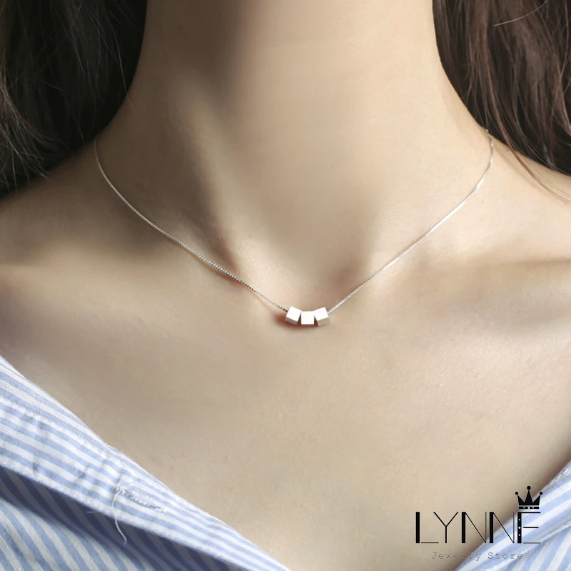 Fashion Elegant 925 Sterling Silver Square Pendant Necklace Three Square Beaded Chain Collarbone Necklace For Women Jewelry Gift
