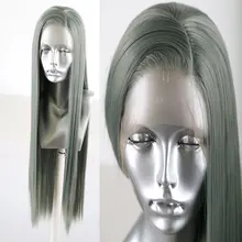 BM пепельный зеленый прямые синтетические волосы 13*3 парик фронта шнурка жаропрочные волокна волос естественная линия волос сторона расставания для парики на каждый день