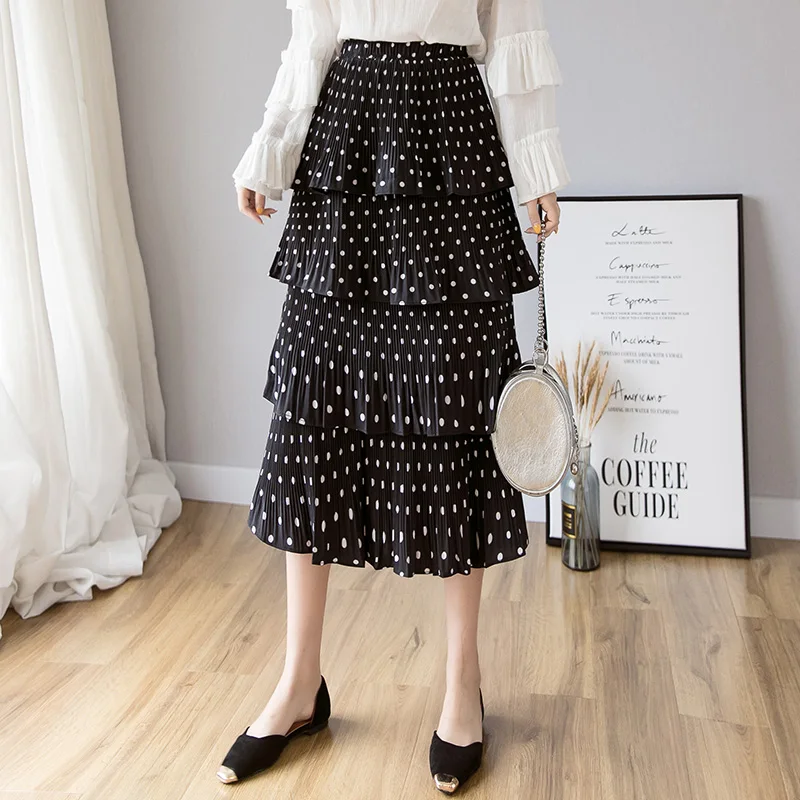 Women Skirt High Waist Midi Pleated Skirt Jupe Femme Korean Fashion Layered Casual Polka Dot Skirt Faldas Skirts Womens Clothing