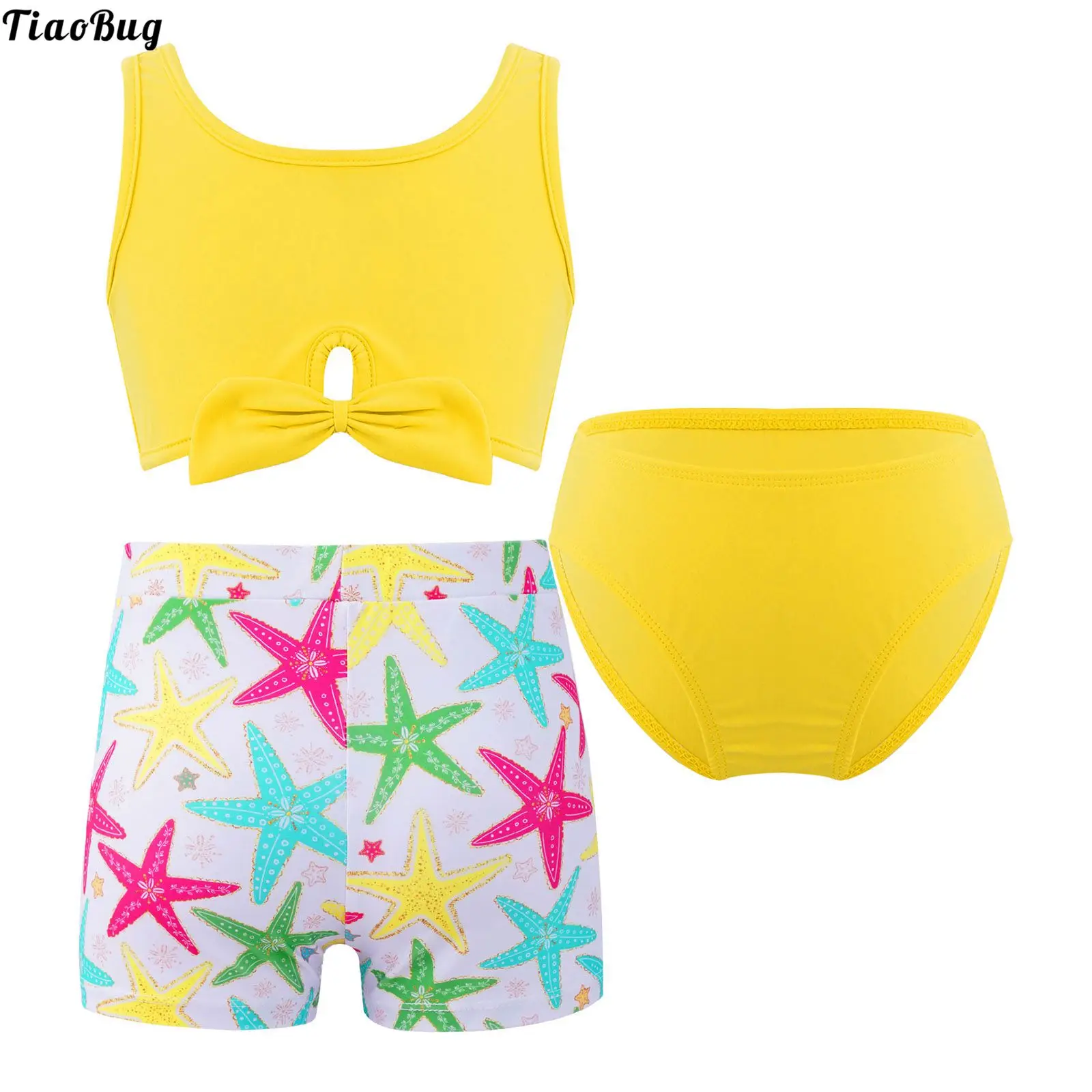 

TiaoBug Summer 3Pcs Kids Girls Print Tankini Swimwear Sleeveless Crop Tops With Briefs And Shorts Set Beach Pool Bathing Bikini