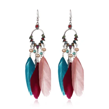 

EARRINGS FOR WOMEN NEW BOHEMIAN ETHNIC STYLE PEACOCK FEATHER EARRINGS LONG TASSELS SET DIAMONDS EARINGS FASHION JEWELRY