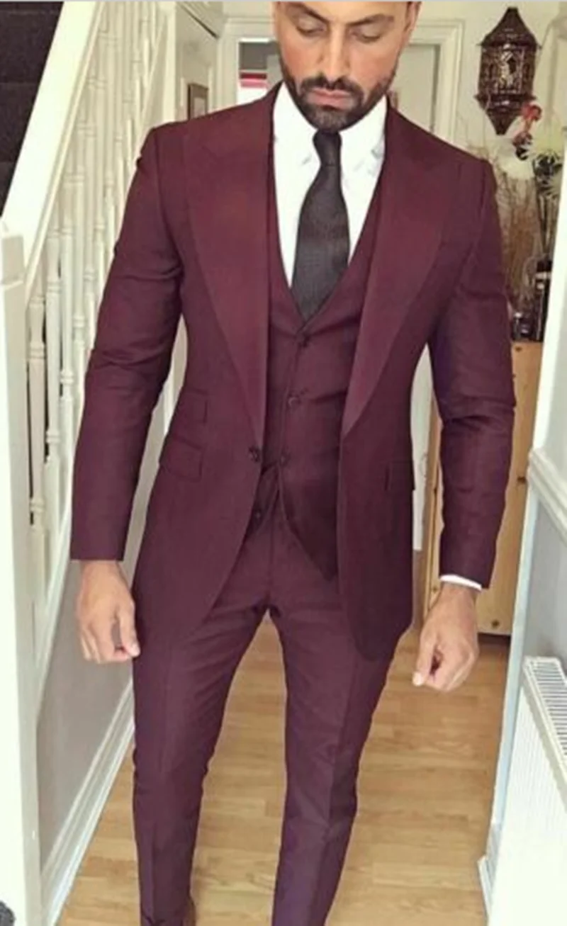 Burgundy Mens Suits 3 Piece Peaked 