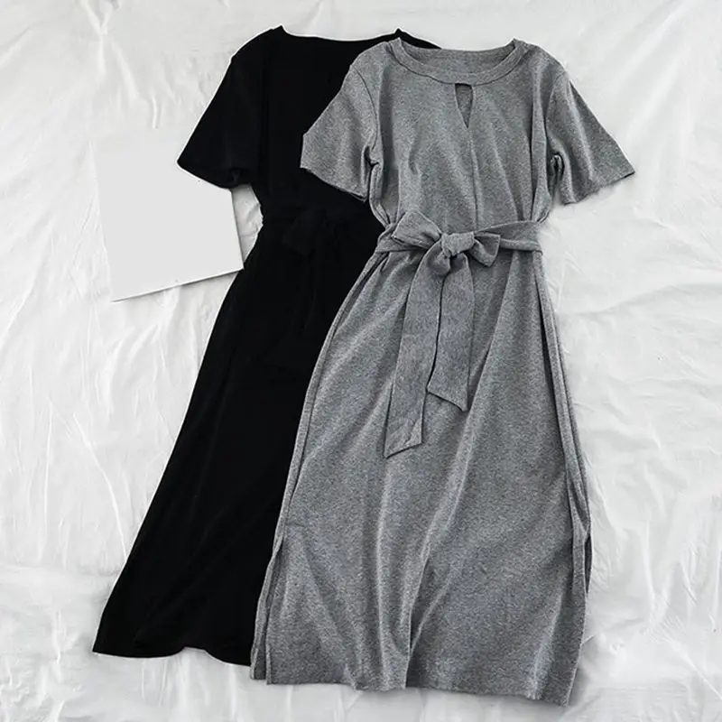 

Mferlier Chic Ladies Dresses Hollow Out O Neck Short Sleeve Sashes Side Split Women All Match Black Gray T Shirt Dress